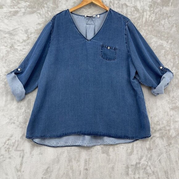 Soft Surroundings V-Neck Tencel Roll Tab Sleeve Blue Chambray Boho Top - Picture 2 of 11